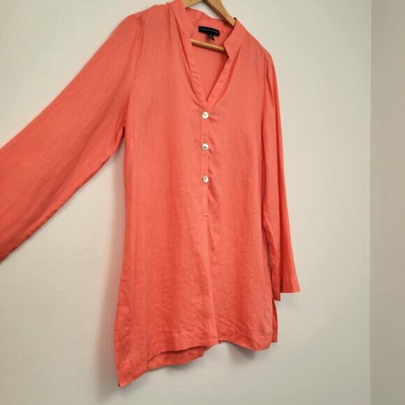 Saks Fifth Avenue Tunic Top Women's Large Coral 100% Linen Long Sleeve Popover - Picture 4 of 10
